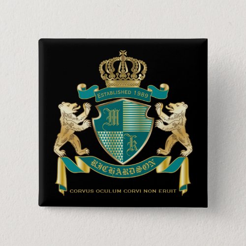 Make Your Own Coat of Arms Teal Gold Bear Emblem Button