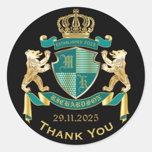 Make Your Own Coat of Arms Teal Gold Bear Emblem Classic Round Sticker