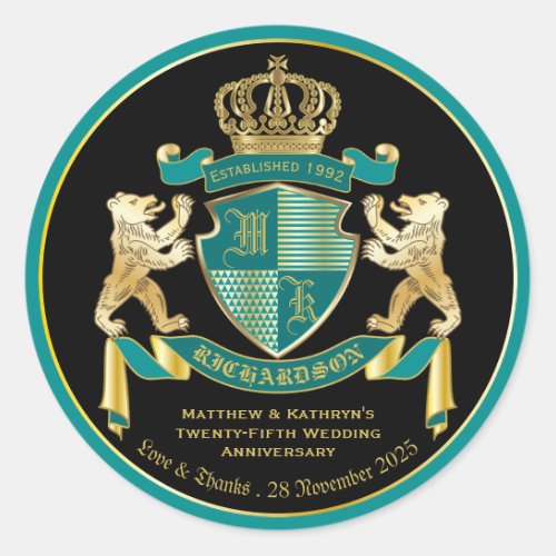 Make Your Own Coat of Arms Teal Gold Bear Emblem Classic Round Sticker