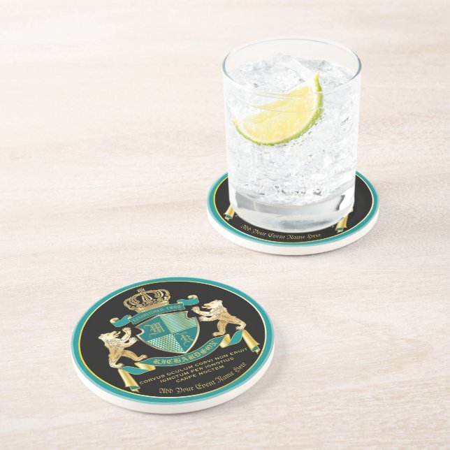 Make Your Own Coat of Arms Teal Gold Bear Emblem Coaster (Side)