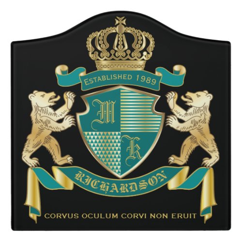 Make Your Own Coat of Arms Teal Gold Bear Emblem Door Sign