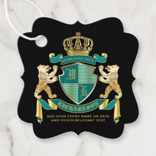 Make Your Own Coat of Arms Teal Gold Bear Emblem Favor Tags