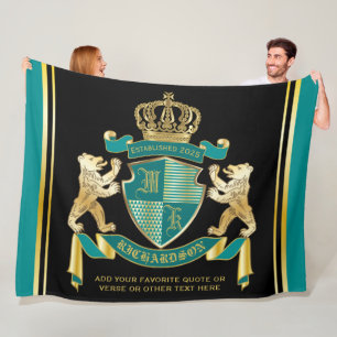 Make Your Own Coat of Arms Teal Gold Bear Emblem Fleece Blanket