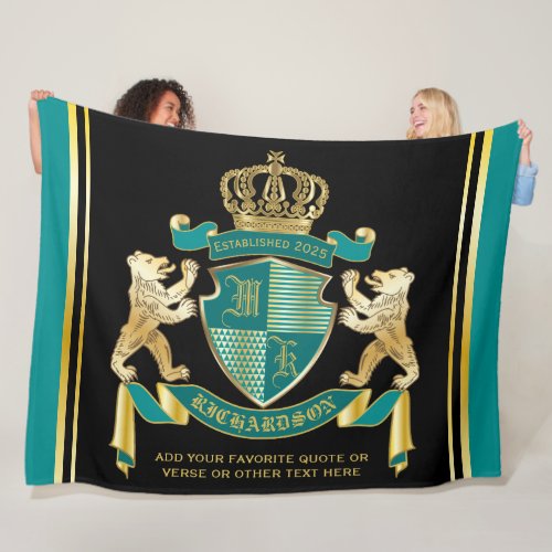 Make Your Own Coat of Arms Teal Gold Bear Emblem Fleece Blanket