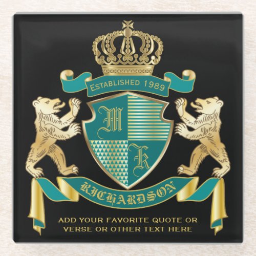 Make Your Own Coat of Arms Teal Gold Bear Emblem Glass Coaster