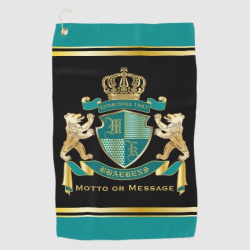 Make Your Own Coat of Arms Teal Gold Bear Emblem Golf Towel