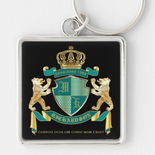 Make Your Own Coat of Arms Teal Gold Bear Emblem Keychain