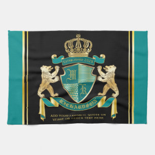Make Your Own Coat of Arms Teal Gold Bear Emblem Kitchen Towel