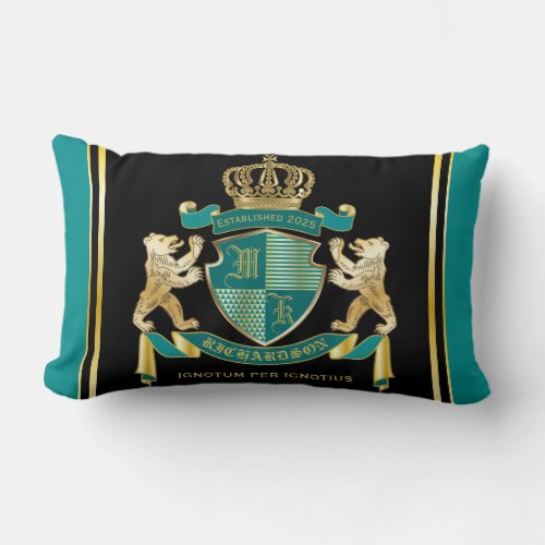 Make Your Own Coat of Arms Teal Gold Bear Emblem Lumbar Pillow