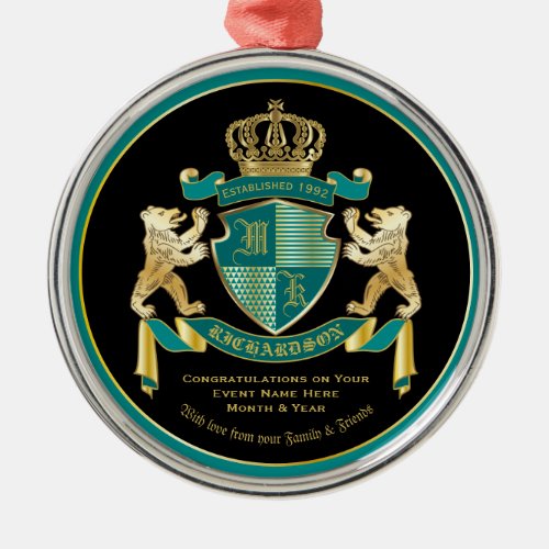 Make Your Own Coat of Arms Teal Gold Bear Emblem Metal Ornament