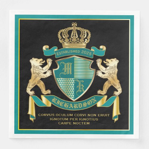 Make Your Own Coat of Arms Teal Gold Bear Emblem Paper Dinner Napkins