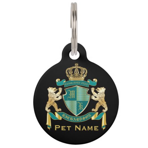 Make Your Own Coat of Arms Teal Gold Bear Emblem Pet ID Tag