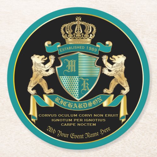 Make Your Own Coat of Arms Teal Gold Bear Emblem Round Paper Coaster
