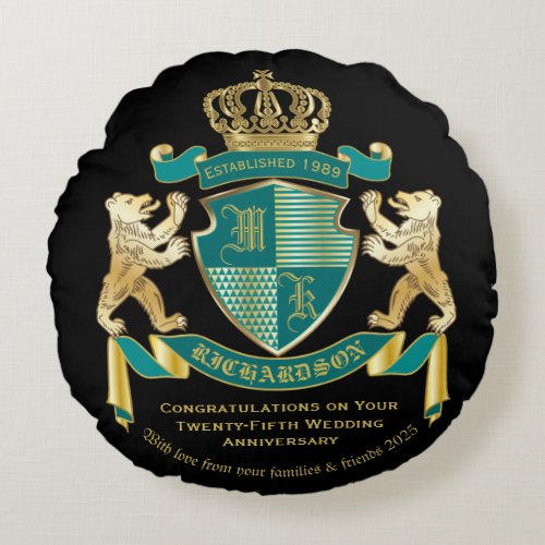 Make Your Own Coat of Arms Teal Gold Bear Emblem Round Pillow