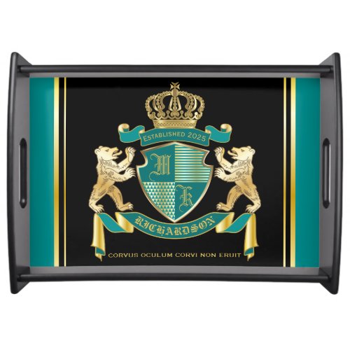 Make Your Own Coat of Arms Teal Gold Bear Emblem Serving Tray