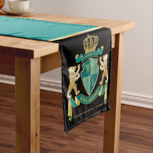Make Your Own Coat of Arms Teal Gold Bear Emblem Short Table Runner