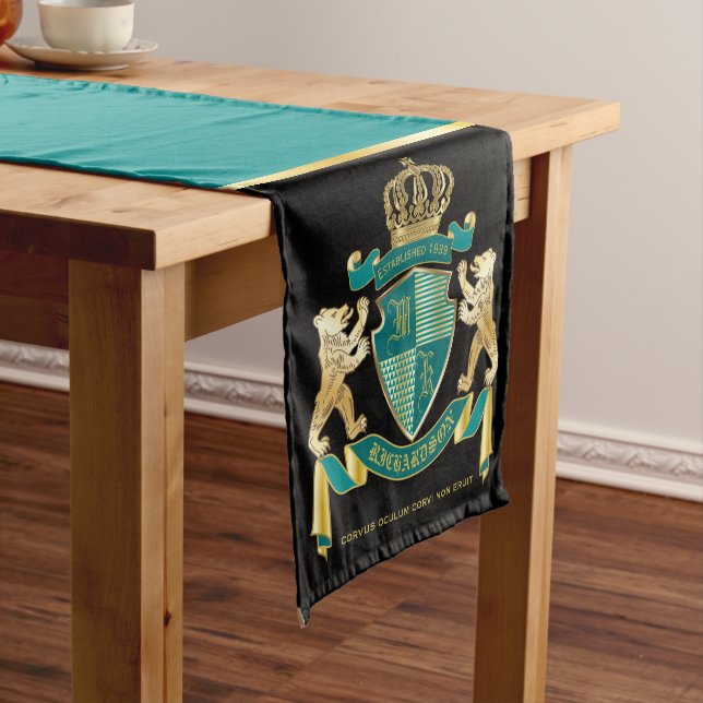 Make Your Own Coat of Arms Teal Gold Bear Emblem Short Table Runner (In Situ)