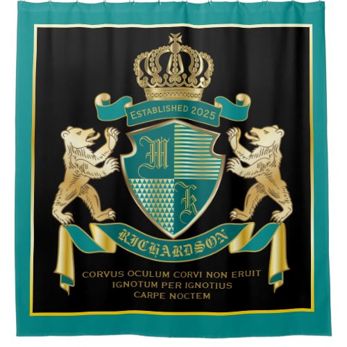 Make Your Own Coat of Arms Teal Gold Bear Emblem Shower Curtain
