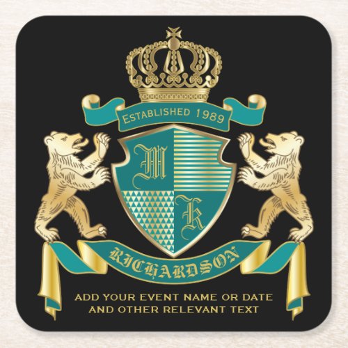Make Your Own Coat of Arms Teal Gold Bear Emblem Square Paper Coaster