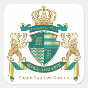 Make Your Own Coat of Arms Teal Gold Bear Emblem Square Sticker
