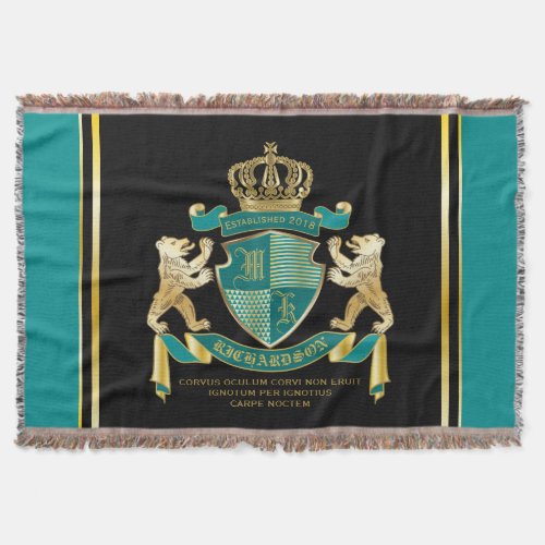 Make Your Own Coat of Arms Teal Gold Bear Emblem Throw Blanket
