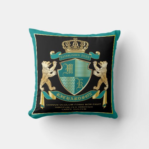 Make Your Own Coat of Arms Teal Gold Bear Emblem Throw Pillow