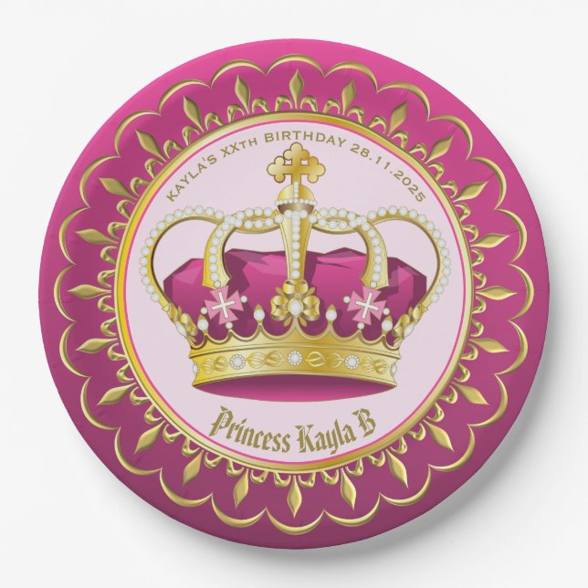 Make Your Own Elegant Gold Pink Crown Pearls Girly Paper Plates (Front)