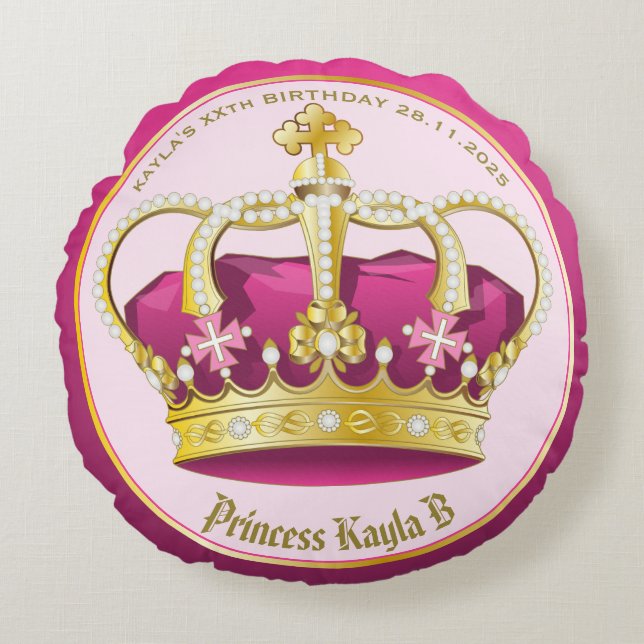Make Your Own Elegant Gold Pink Crown Pearls Girly Round Pillow (Front)