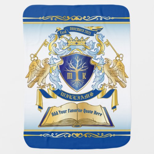 Make Your Own Emblem Tree Book Key Crown Gold Blue Baby Blanket