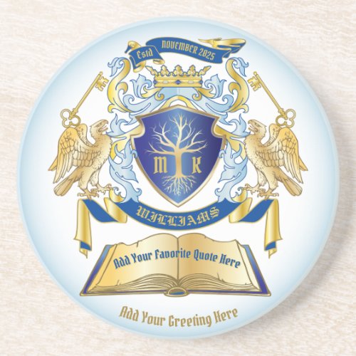 Make Your Own Emblem Tree Book Key Crown Gold Blue Coaster