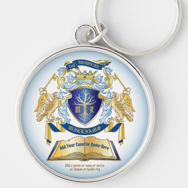Make Your Own Emblem Tree Book Key Crown Gold Blue Keychain (Front)