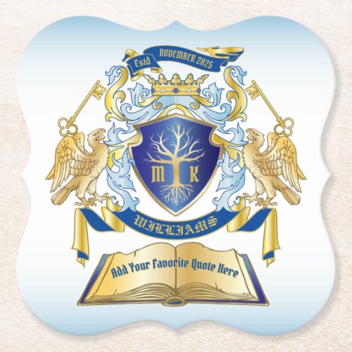 Make Your Own Emblem Tree Book Key Crown Gold Blue Paper Coaster