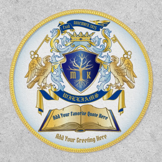 Make Your Own Emblem Tree Book Key Crown Gold Blue Patch (Front)
