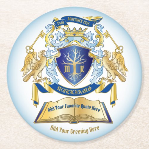 Make Your Own Emblem Tree Book Key Crown Gold Blue Round Paper Coaster