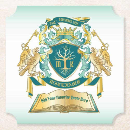 Make Your Own Emblem Tree Book Key Crown Gold Jade Paper Coaster