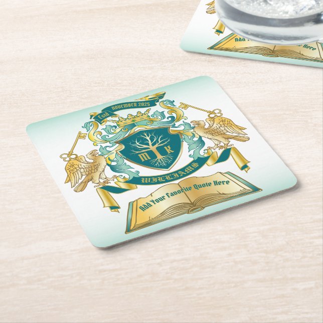 Make Your Own Emblem Tree Book Key Crown Gold Jade Square Paper Coaster (Angled)