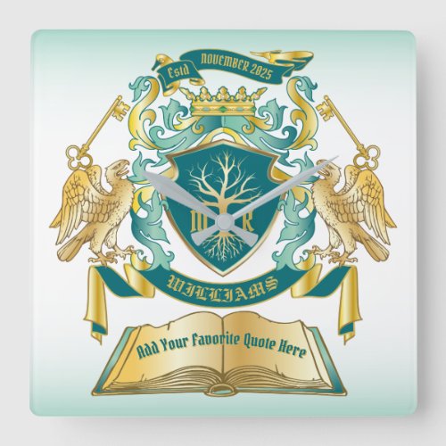 Make Your Own Emblem Tree Book Key Crown Gold Jade Square Wall Clock