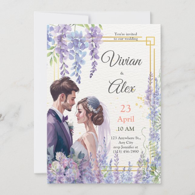 Make Your Own Lavender Watercolor Floral Wedding Invitation (Front)