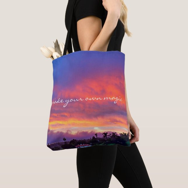 Make Your Own Magic Quote Pink Blue Clouds Sunset Tote Bag (Close Up)