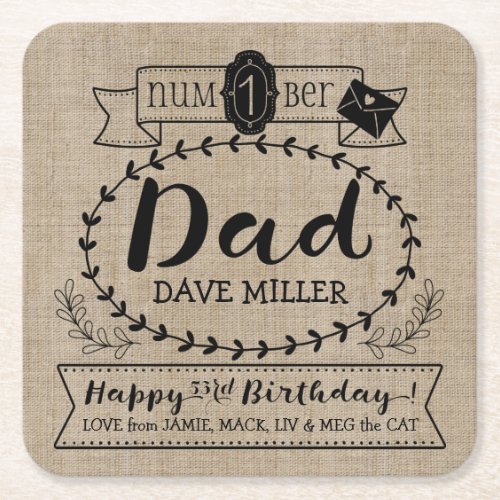 Make Your Own Number 1 Dad Birthday Cute Monogram Square Paper Coaster