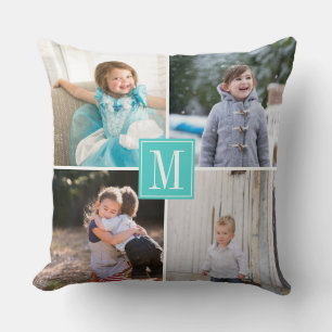 Make your own photo collage and monogram aqua blue throw pillow