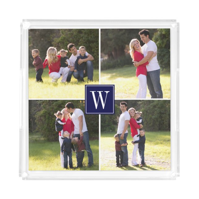 Make your own photo collage and monogram navy blue acrylic tray (Front)