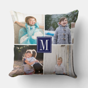 Make your own photo collage and monogram navy blue throw pillow