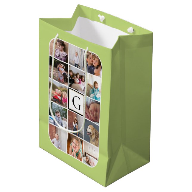 Make your own photo collage, monogram light green medium gift bag (Front Angled)
