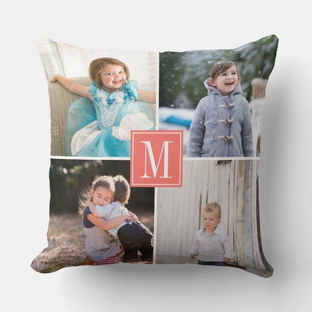 Make your own photo collage, monogram living coral throw pillow (Front)