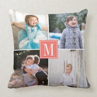 Make your own photo collage, monogram living coral throw pillow