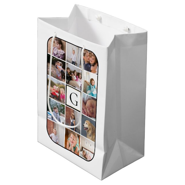 Make your own photo collage, monogram white medium gift bag (Front Angled)