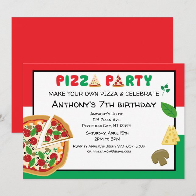 Make Your Own Pizza Birthday Party Invitation (Front/Back)