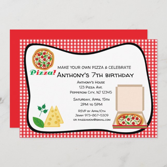 Make Your Own Pizza Birthday Party Invitation (Front/Back)
