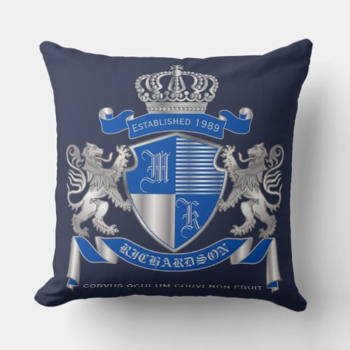 Make Your Own Silver Lion Emblem Coat of Arms Blue Throw Pillow